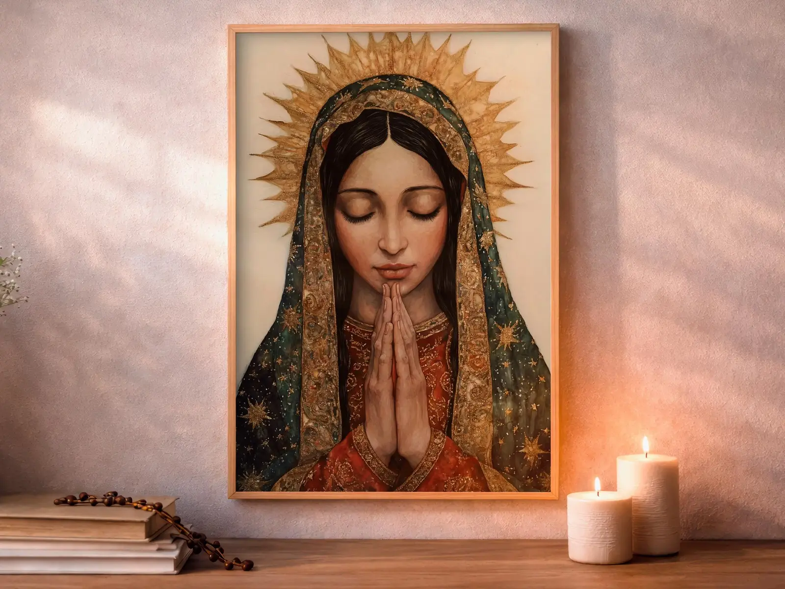 Framed Sacred Heart of Jesus above bed, bedroom sanctuary offering mercy and trust, jesus wall art artwork of jesus