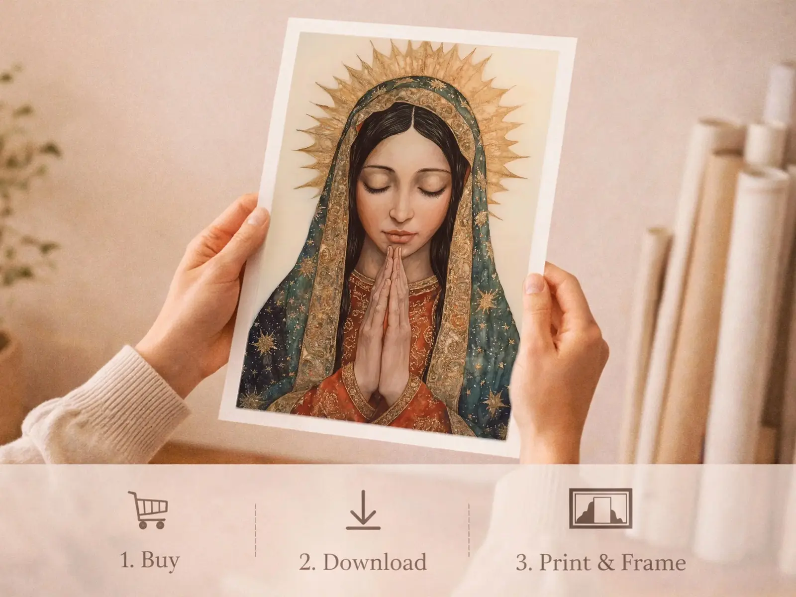 Sacred Heart of Jesus framed above sofa, living room display blending peace and devotion, bible wall art catholic wall art