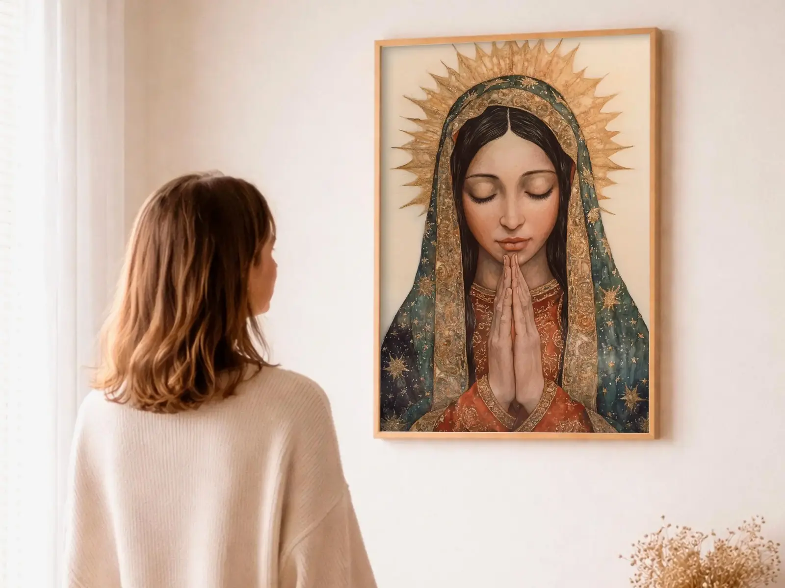 Close-up detail of the flaming Sacred Heart, thorn crown and cross, jesus sacred heart biblical wall art