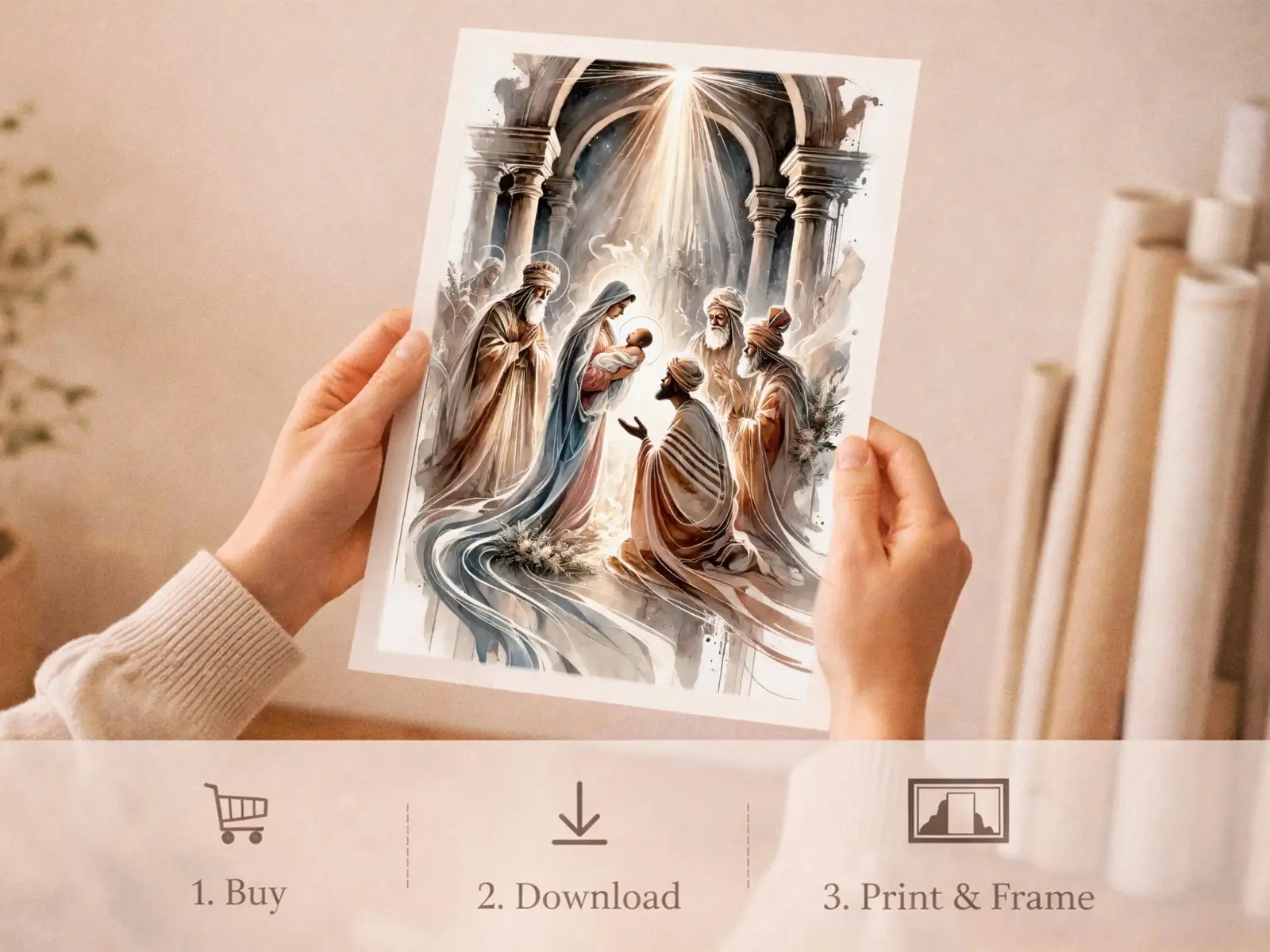 Sacred Heart of Jesus framed above sofa, living room display blending peace and devotion, bible wall art catholic wall art