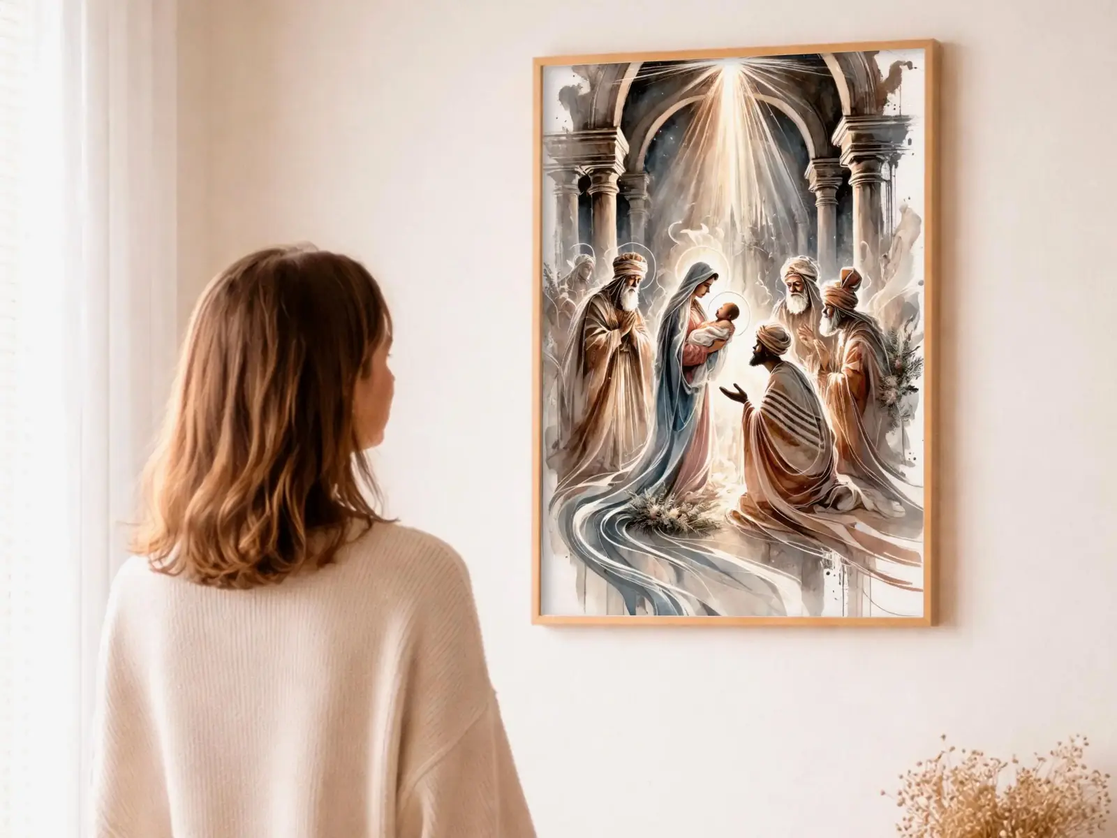 Close-up detail of the flaming Sacred Heart, thorn crown and cross, jesus sacred heart biblical wall art