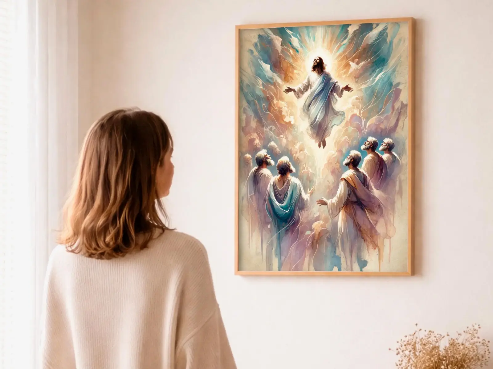 Close-up detail of the flaming Sacred Heart, thorn crown and cross, jesus sacred heart biblical wall art