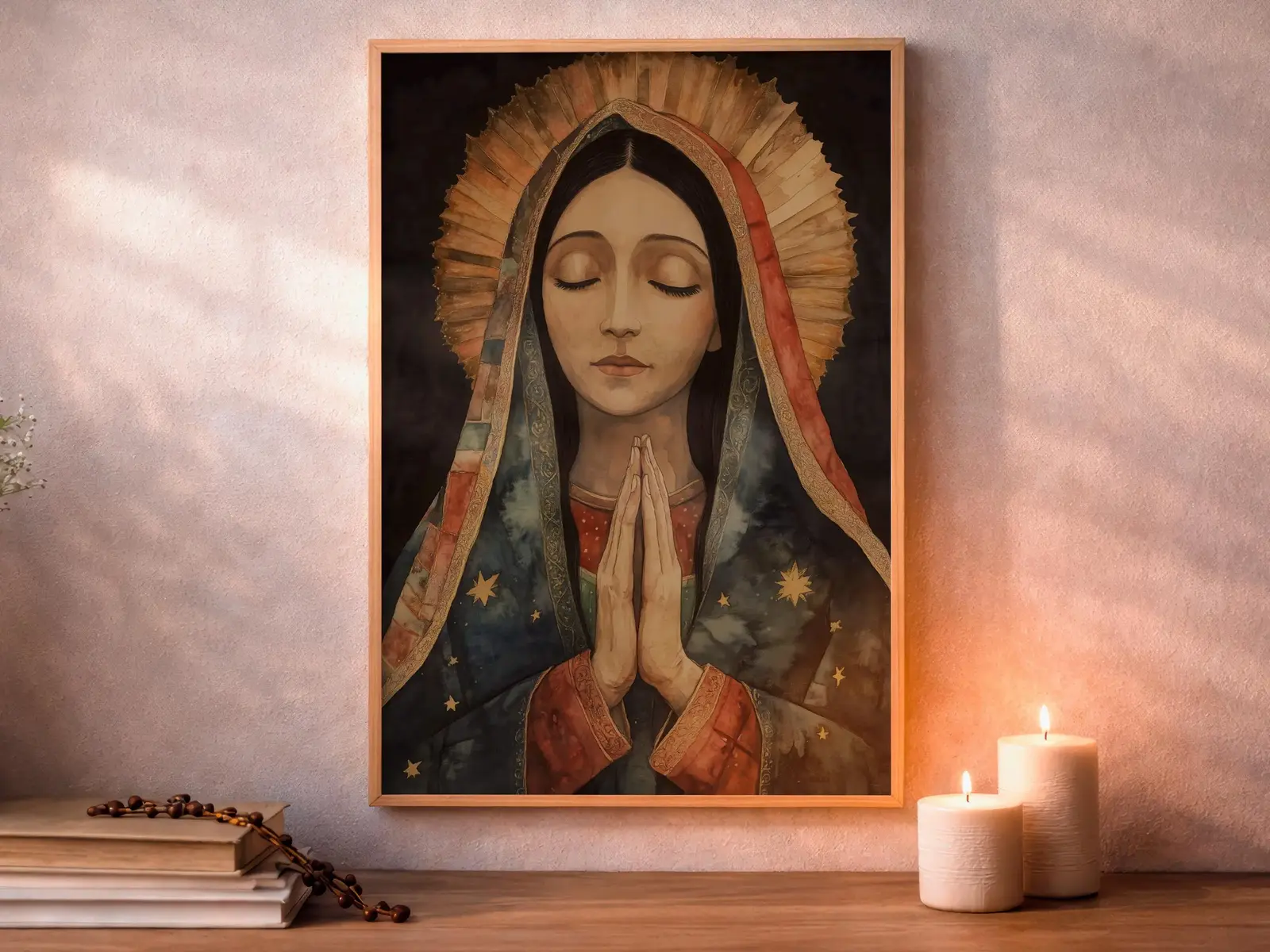 Framed Sacred Heart of Jesus above bed, bedroom sanctuary offering mercy and trust, jesus wall art artwork of jesus