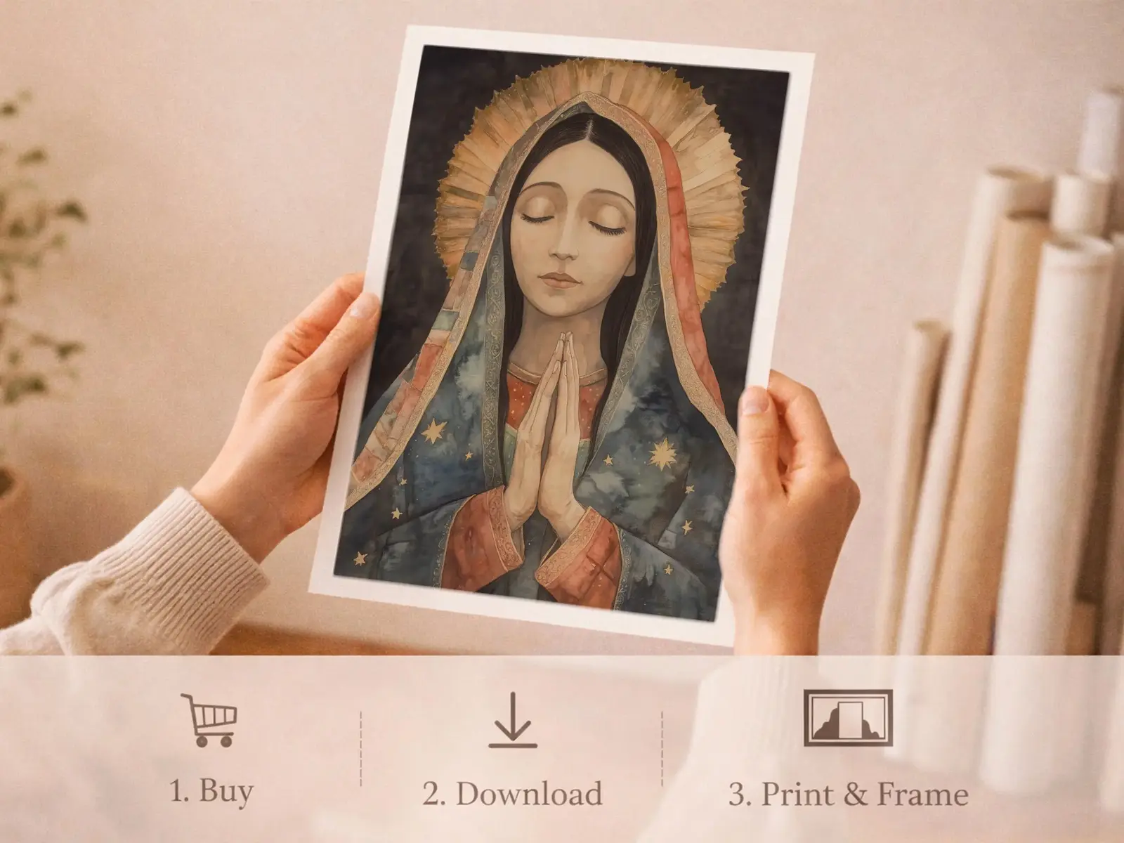 Sacred Heart of Jesus framed above sofa, living room display blending peace and devotion, bible wall art catholic wall art