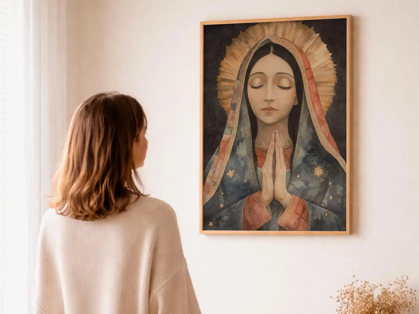 Close-up detail of the flaming Sacred Heart, thorn crown and cross, jesus sacred heart biblical wall art