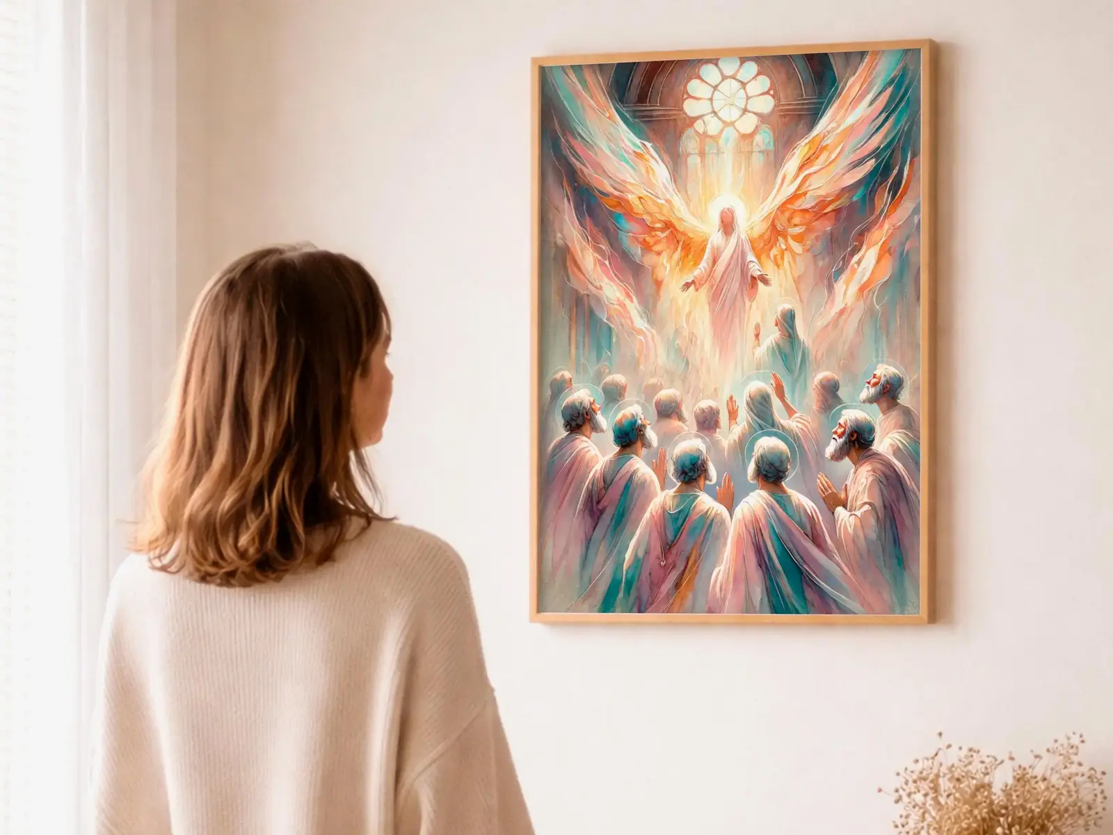 Close-up detail of the flaming Sacred Heart, thorn crown and cross, jesus sacred heart biblical wall art