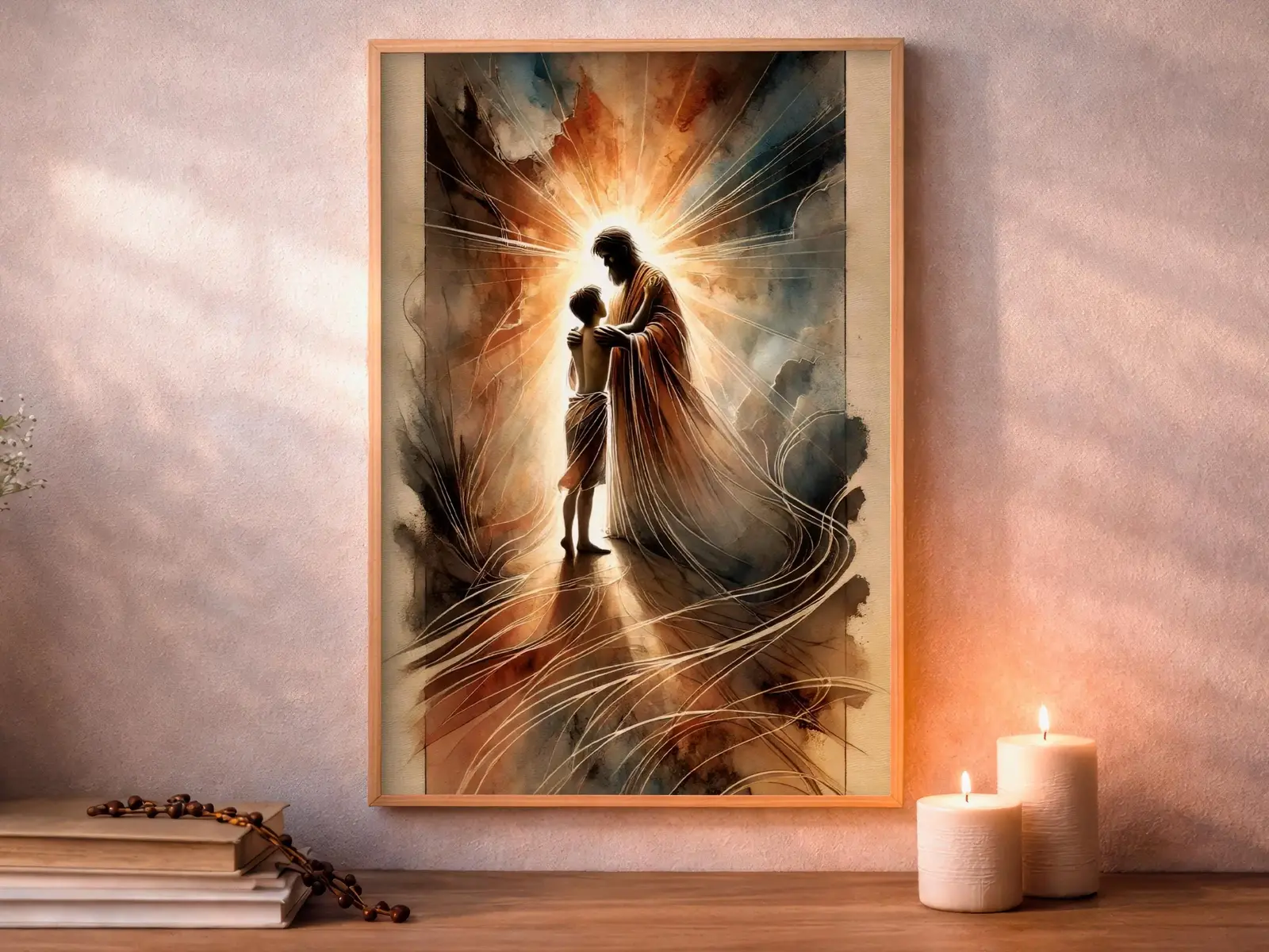 Framed Sacred Heart of Jesus above bed, bedroom sanctuary offering mercy and trust, jesus wall art artwork of jesus