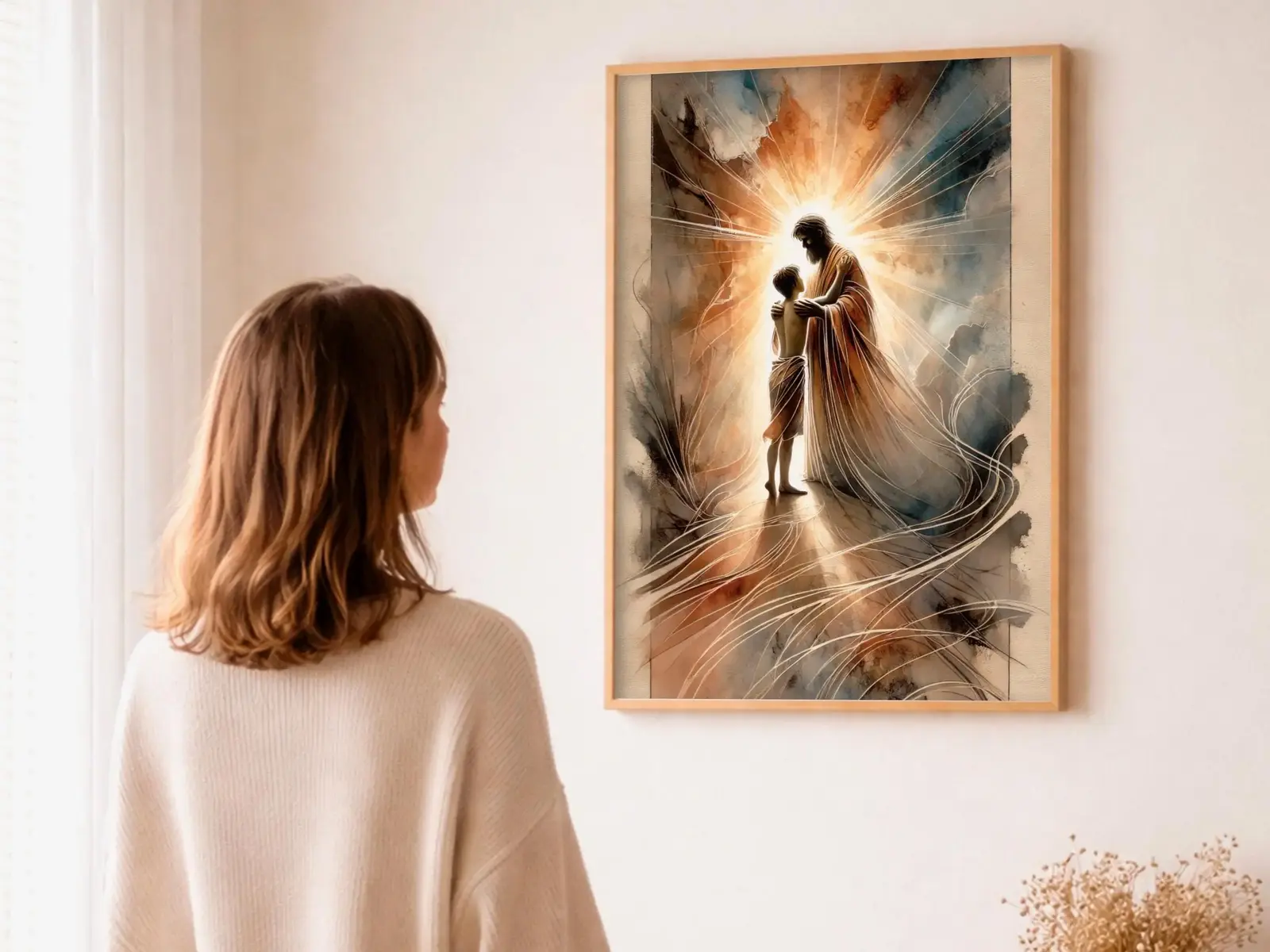 Close-up detail of the flaming Sacred Heart, thorn crown and cross, jesus sacred heart biblical wall art