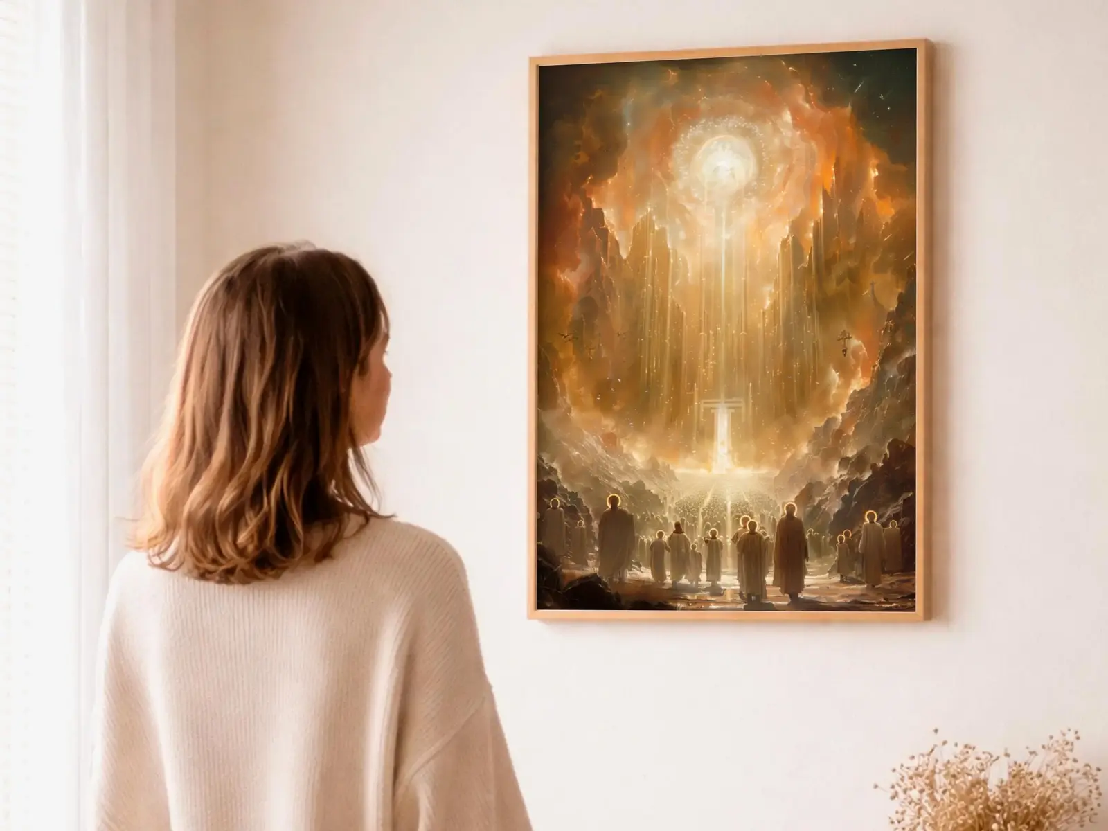 Close-up detail of the flaming Sacred Heart, thorn crown and cross, jesus sacred heart biblical wall art