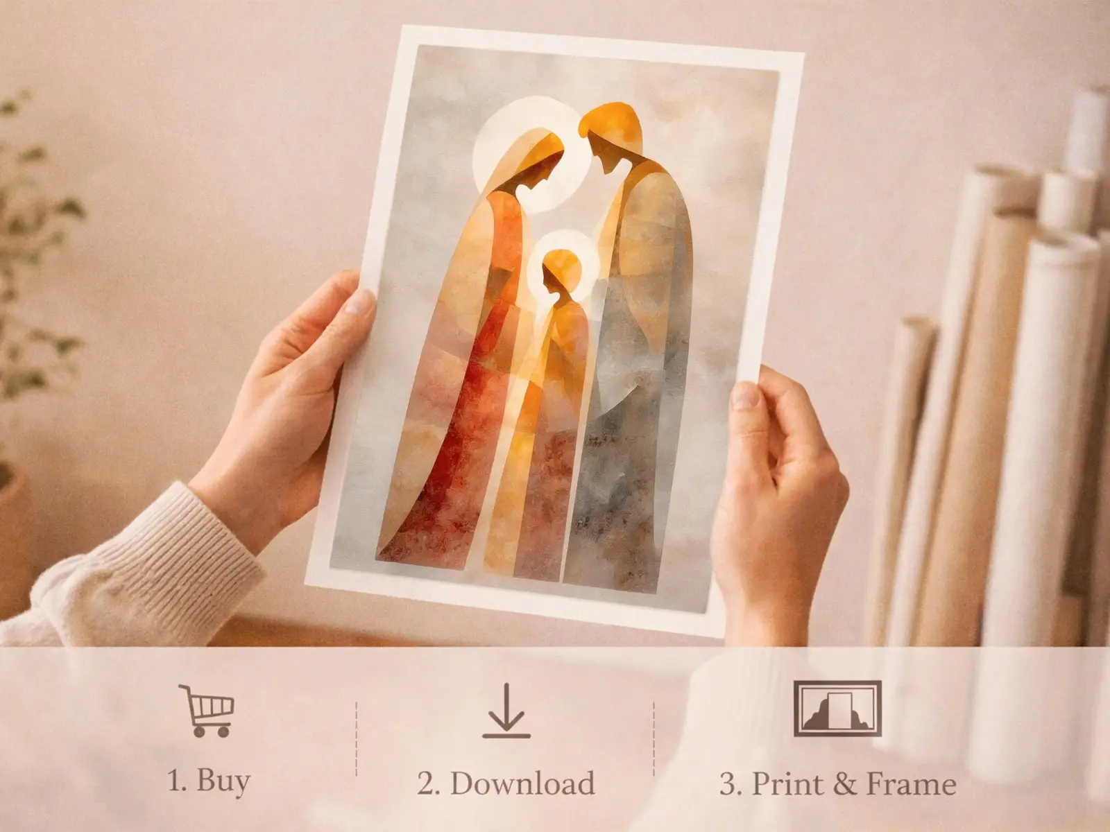Sacred Heart of Jesus framed above sofa, living room display blending peace and devotion, bible wall art catholic wall art