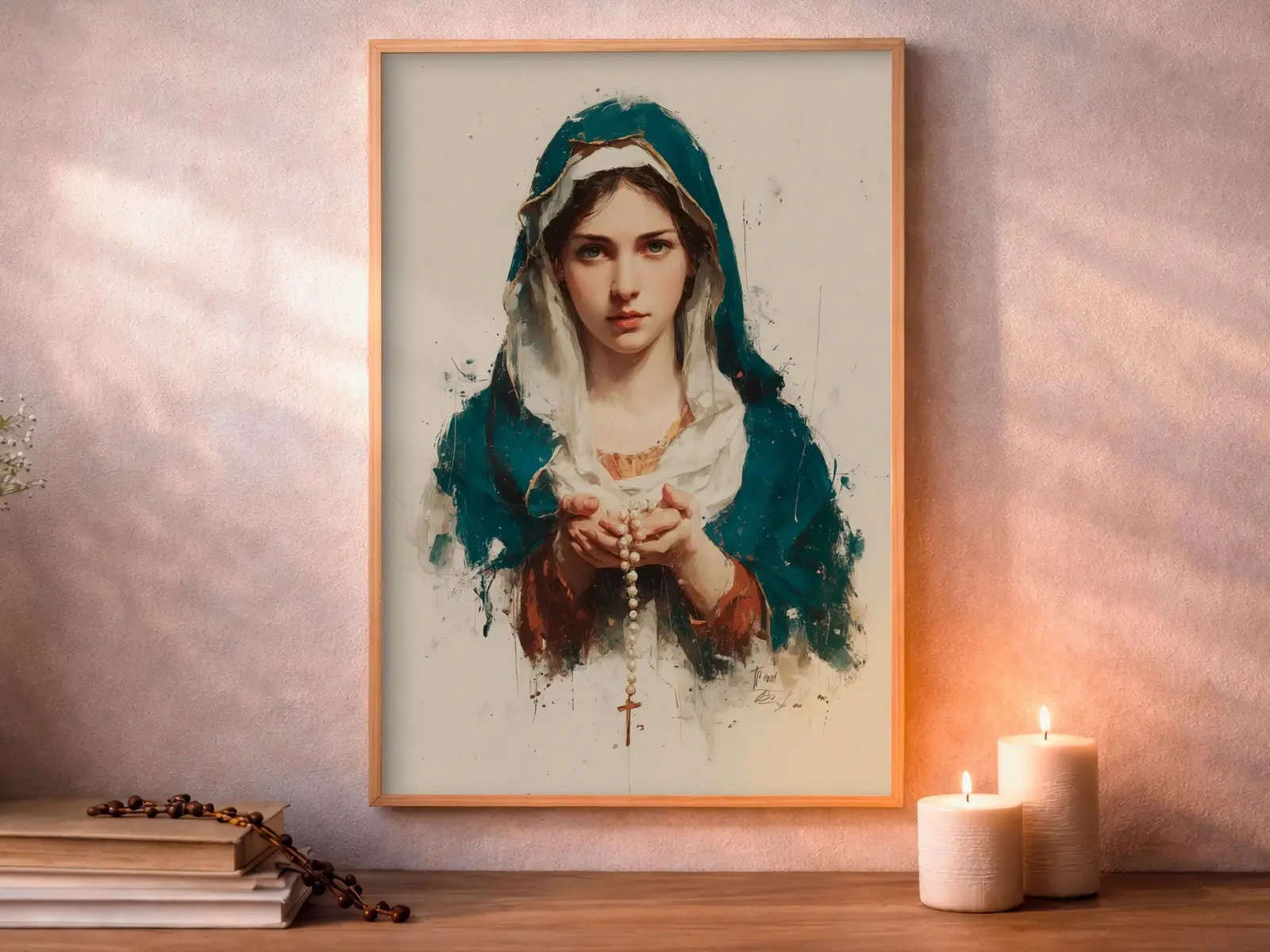 Framed Sacred Heart of Jesus above bed, bedroom sanctuary offering mercy and trust, jesus wall art artwork of jesus