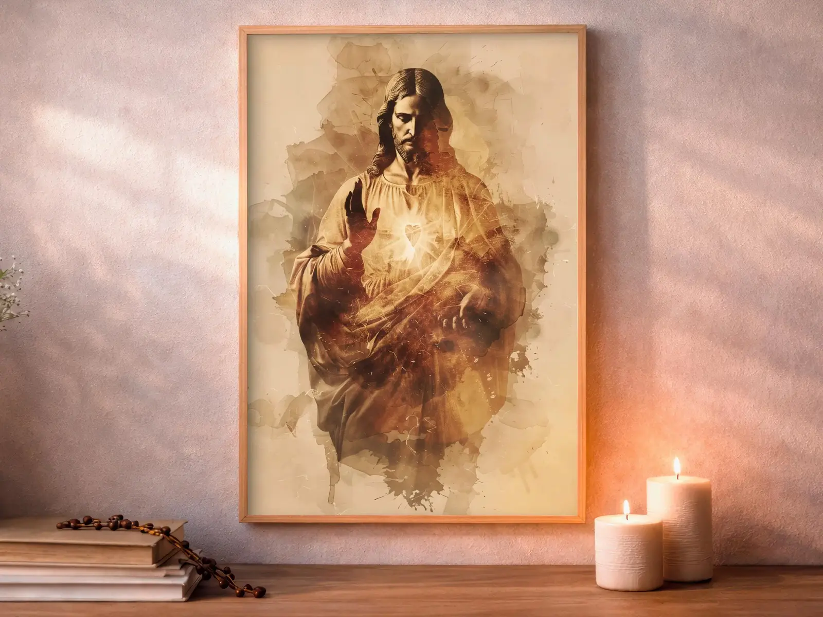Framed Sacred Heart of Jesus above bed, bedroom sanctuary offering mercy and trust, jesus wall art artwork of jesus