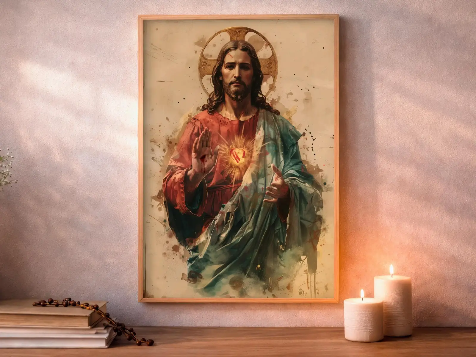 Framed Sacred Heart of Jesus above bed, bedroom sanctuary offering mercy and trust, jesus wall art artwork of jesus