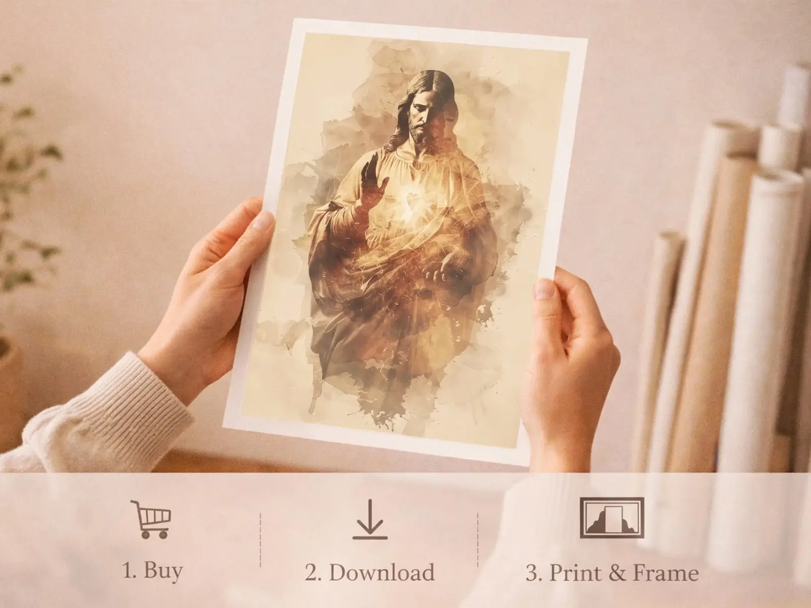 Sacred Heart of Jesus framed above sofa, living room display blending peace and devotion, bible wall art catholic wall art