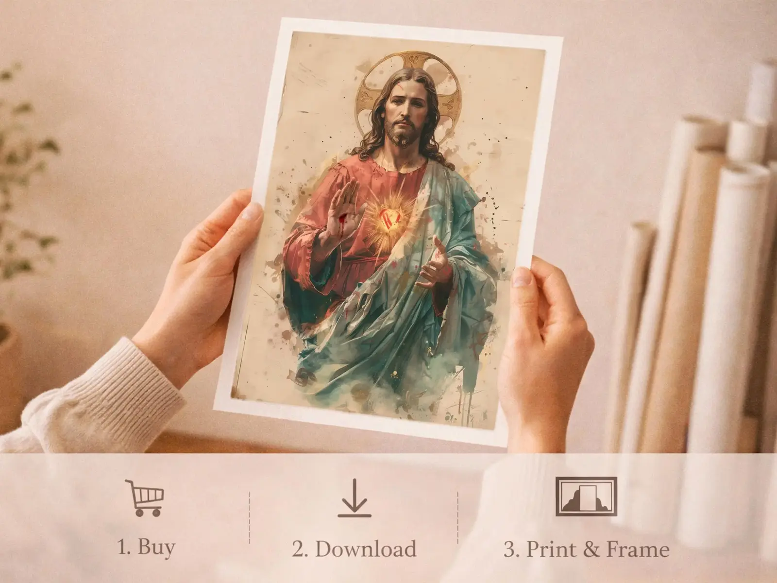 Sacred Heart of Jesus framed above sofa, living room display blending peace and devotion, bible wall art catholic wall art