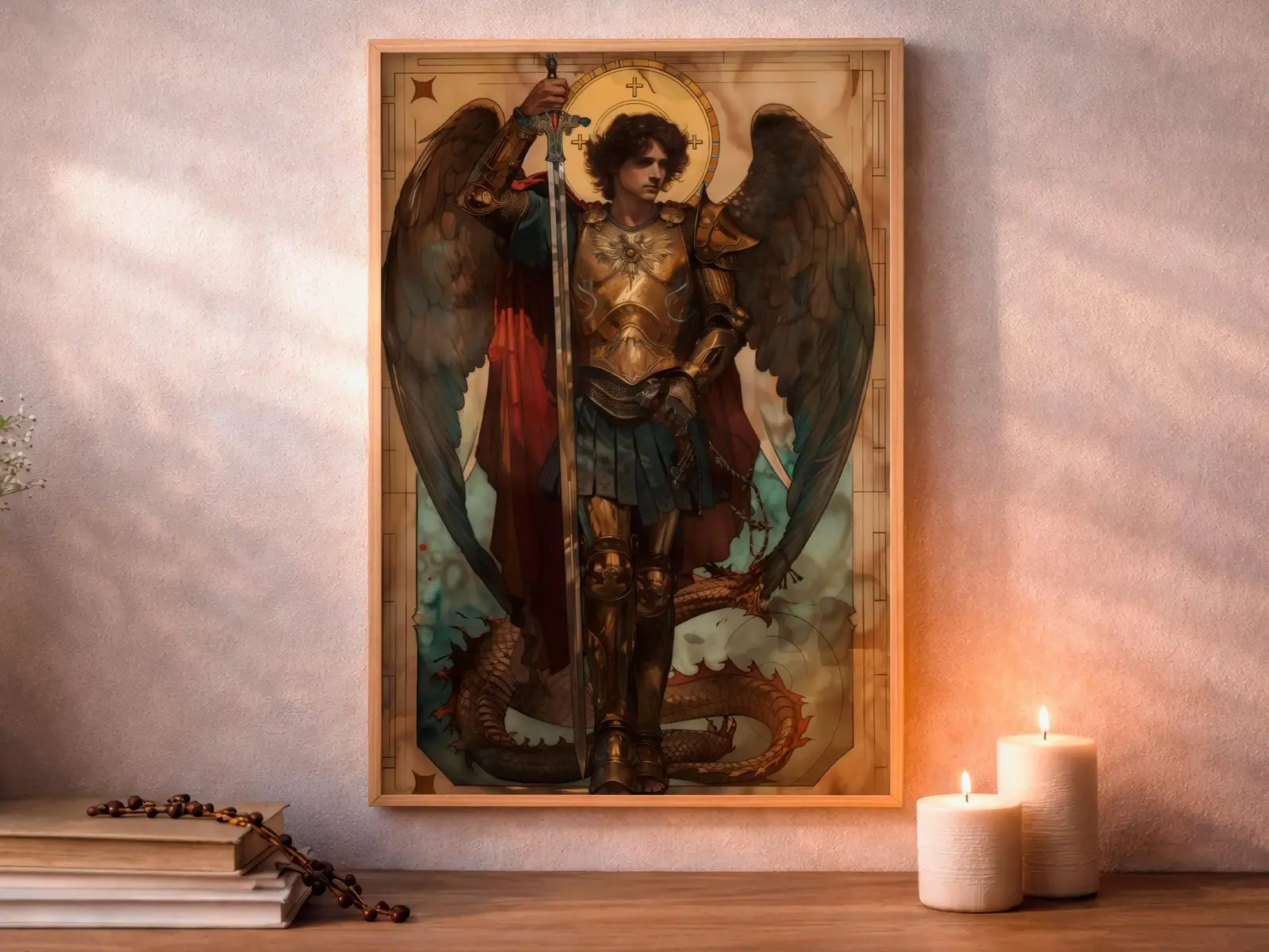 Framed Sacred Heart of Jesus above bed, bedroom sanctuary offering mercy and trust, jesus wall art artwork of jesus