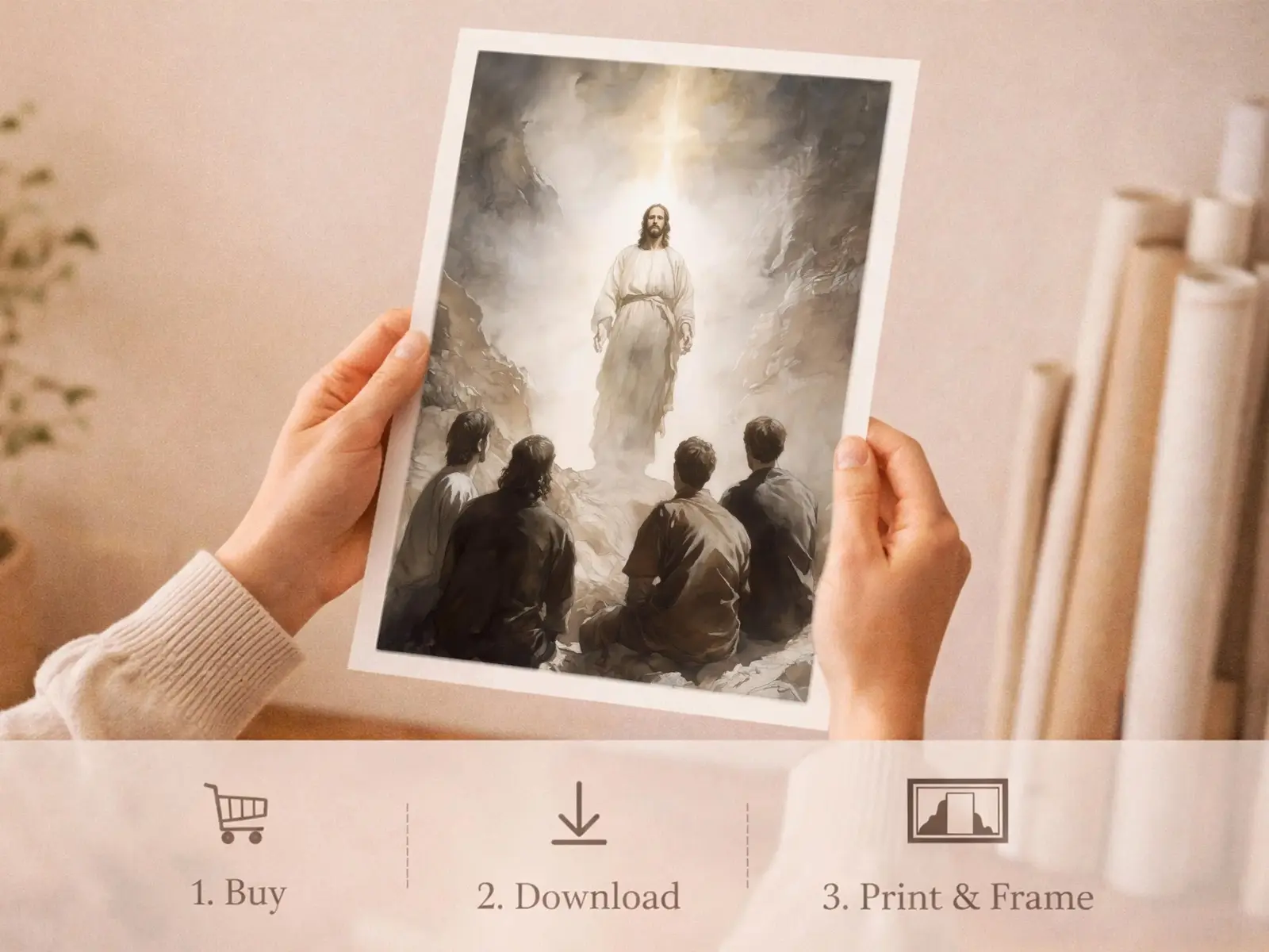 Sacred Heart of Jesus framed above sofa, living room display blending peace and devotion, bible wall art catholic wall art