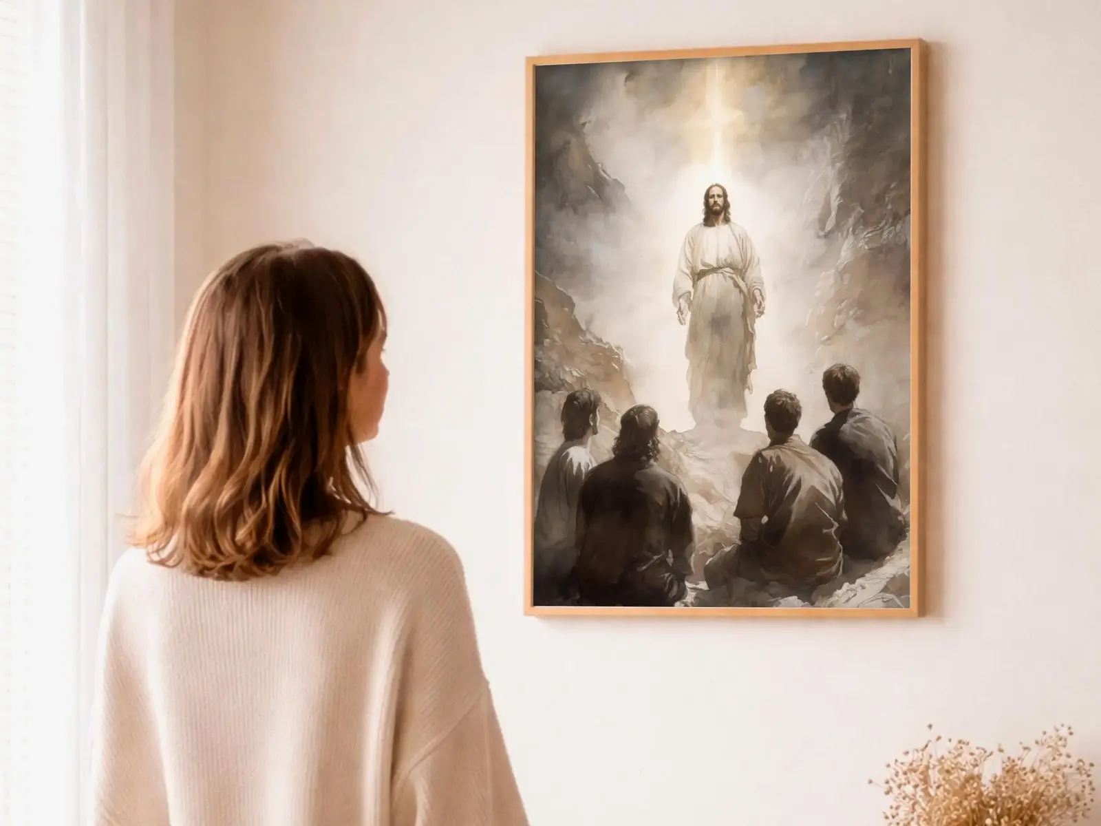 Close-up detail of the flaming Sacred Heart, thorn crown and cross, jesus sacred heart biblical wall art