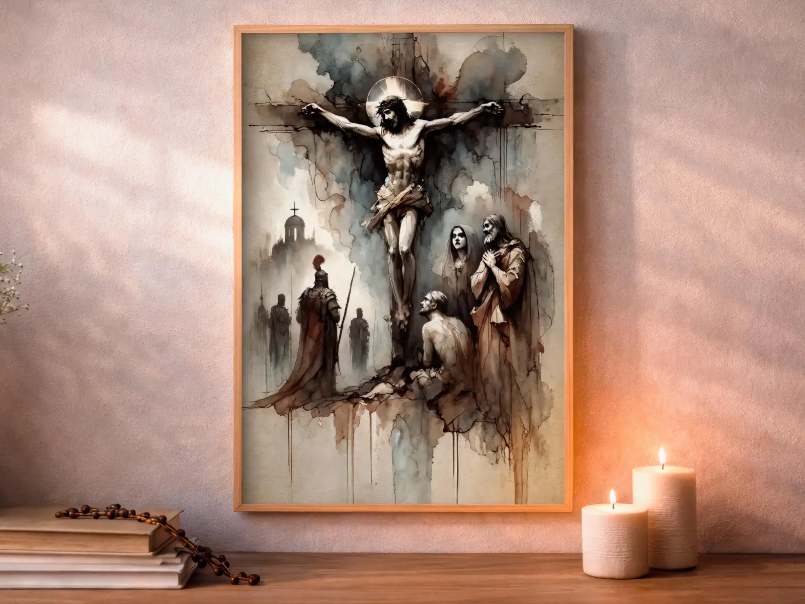 Framed Sacred Heart of Jesus above bed, bedroom sanctuary offering mercy and trust, jesus wall art artwork of jesus