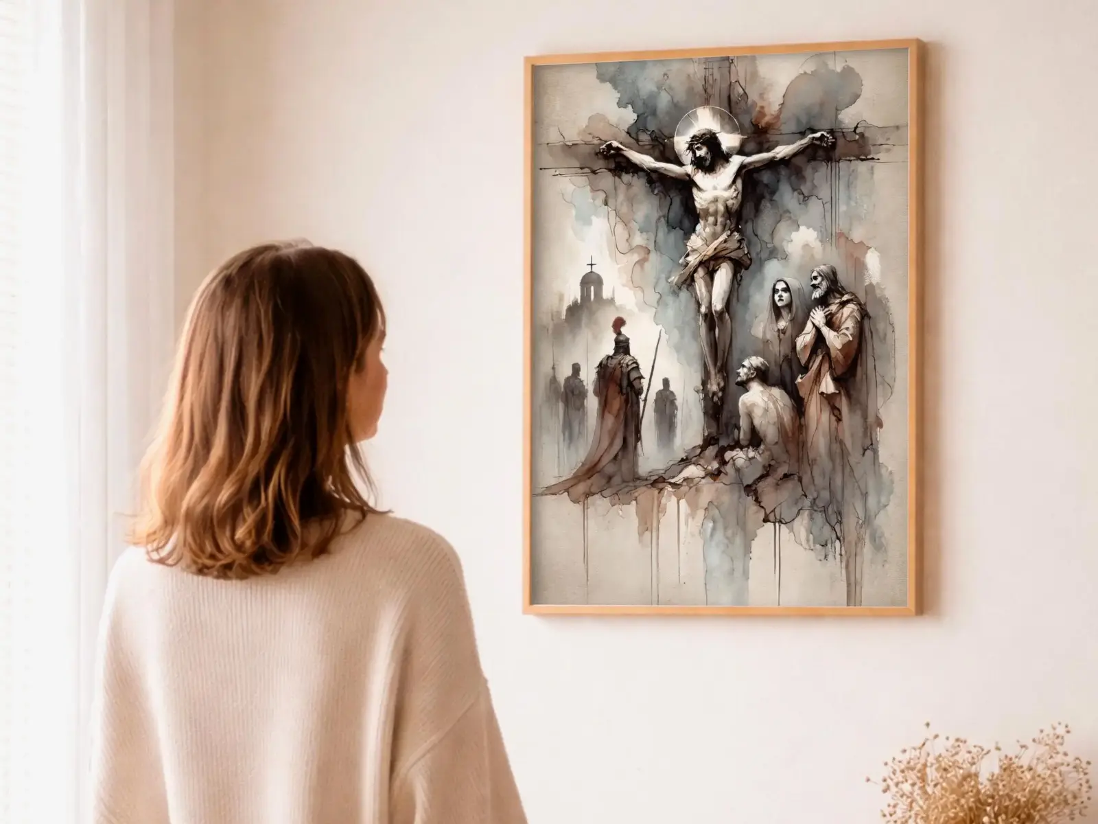 Close-up detail of the flaming Sacred Heart, thorn crown and cross, jesus sacred heart biblical wall art