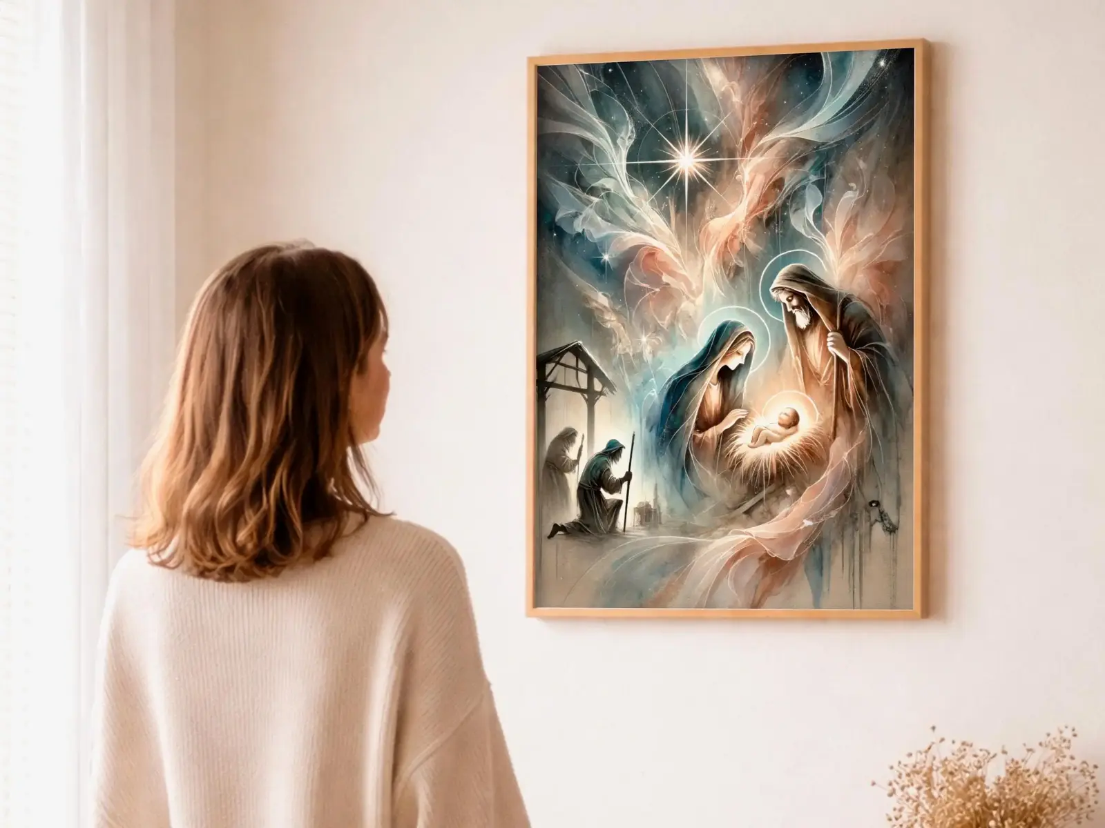Close-up detail of the flaming Sacred Heart, thorn crown and cross, jesus sacred heart biblical wall art