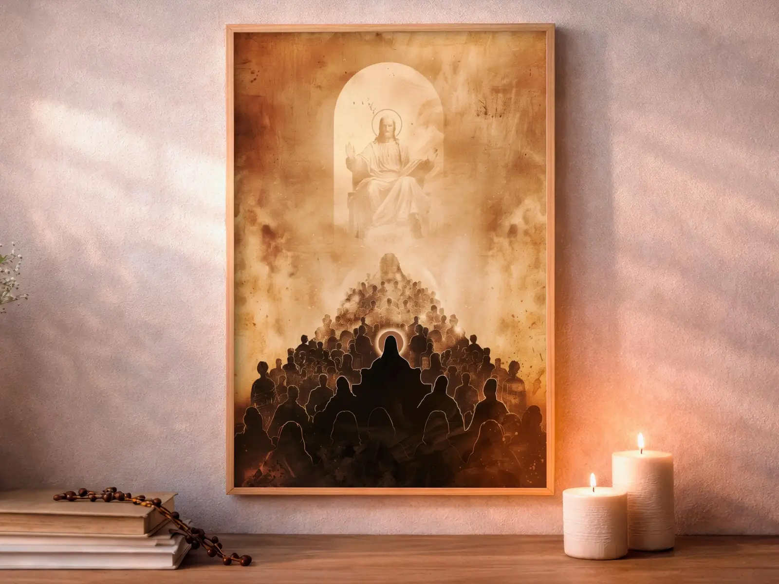 Framed Sacred Heart of Jesus above bed, bedroom sanctuary offering mercy and trust, jesus wall art artwork of jesus