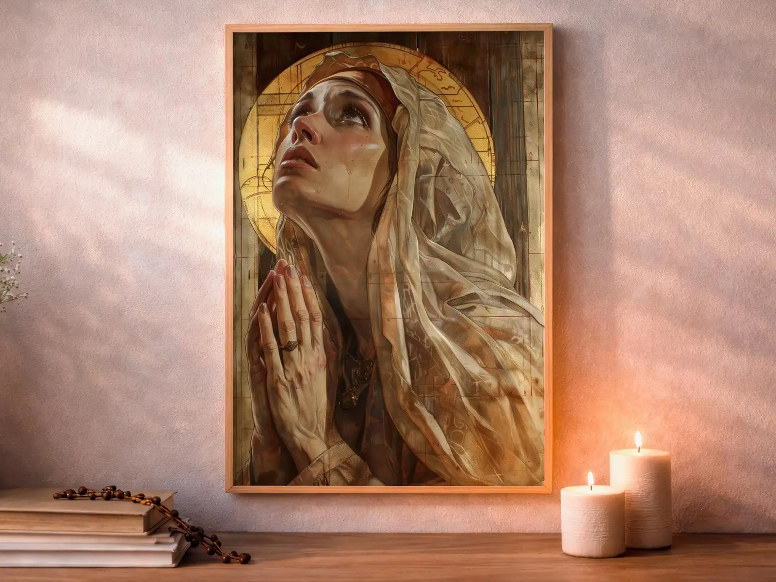 Framed Sacred Heart of Jesus above bed, bedroom sanctuary offering mercy and trust, jesus wall art artwork of jesus