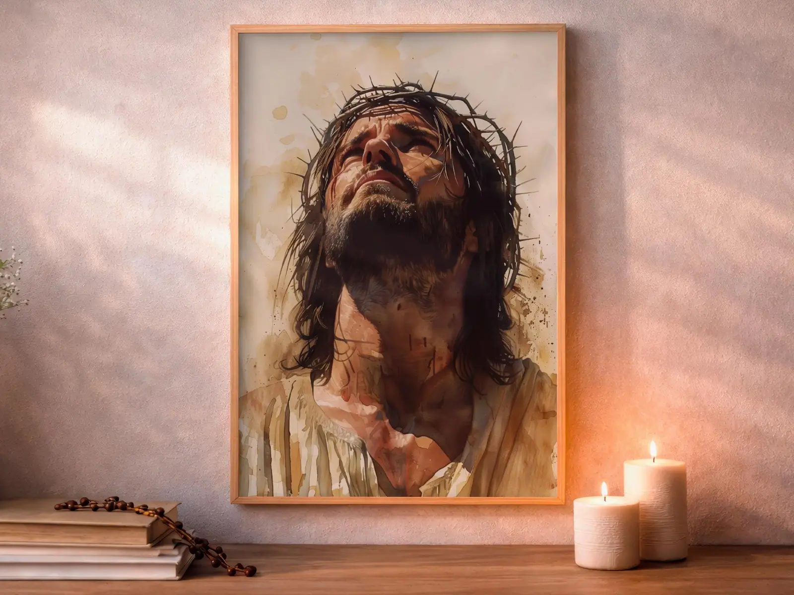 Framed Sacred Heart of Jesus above bed, bedroom sanctuary offering mercy and trust, jesus wall art artwork of jesus