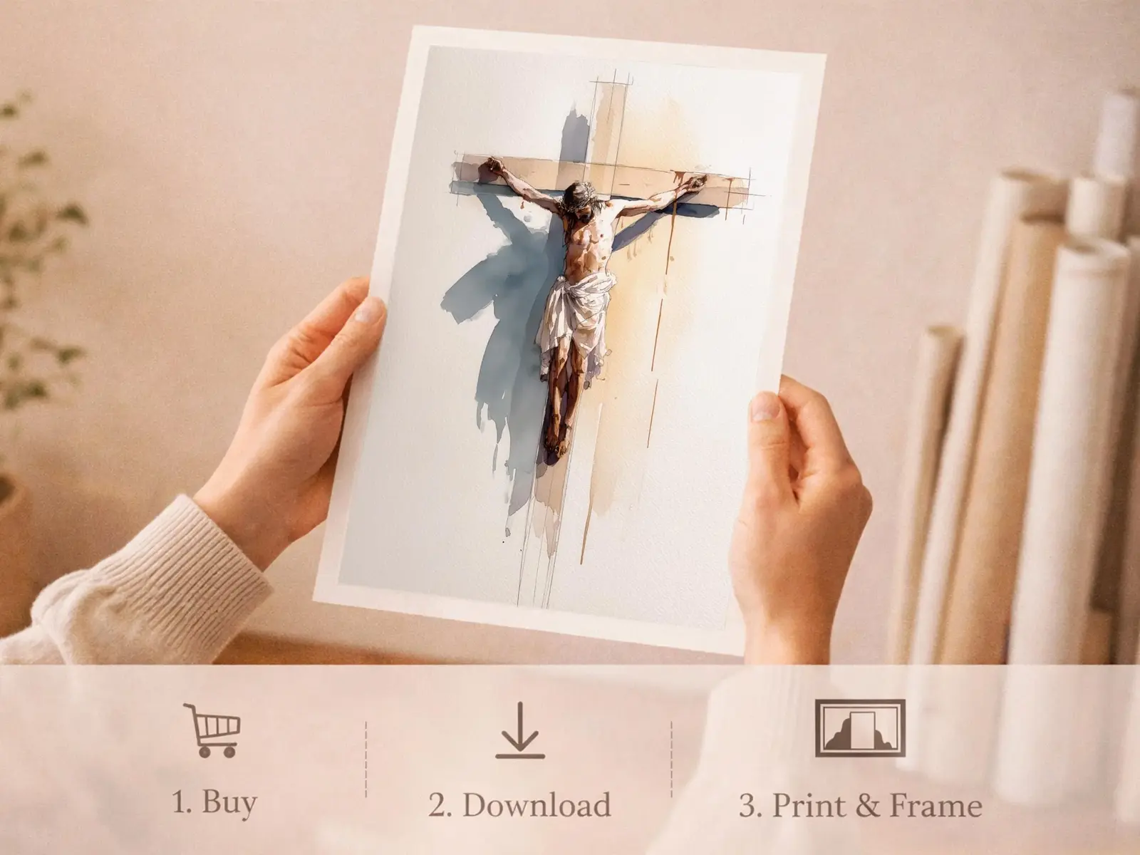 Sacred Heart of Jesus framed above sofa, living room display blending peace and devotion, bible wall art catholic wall art