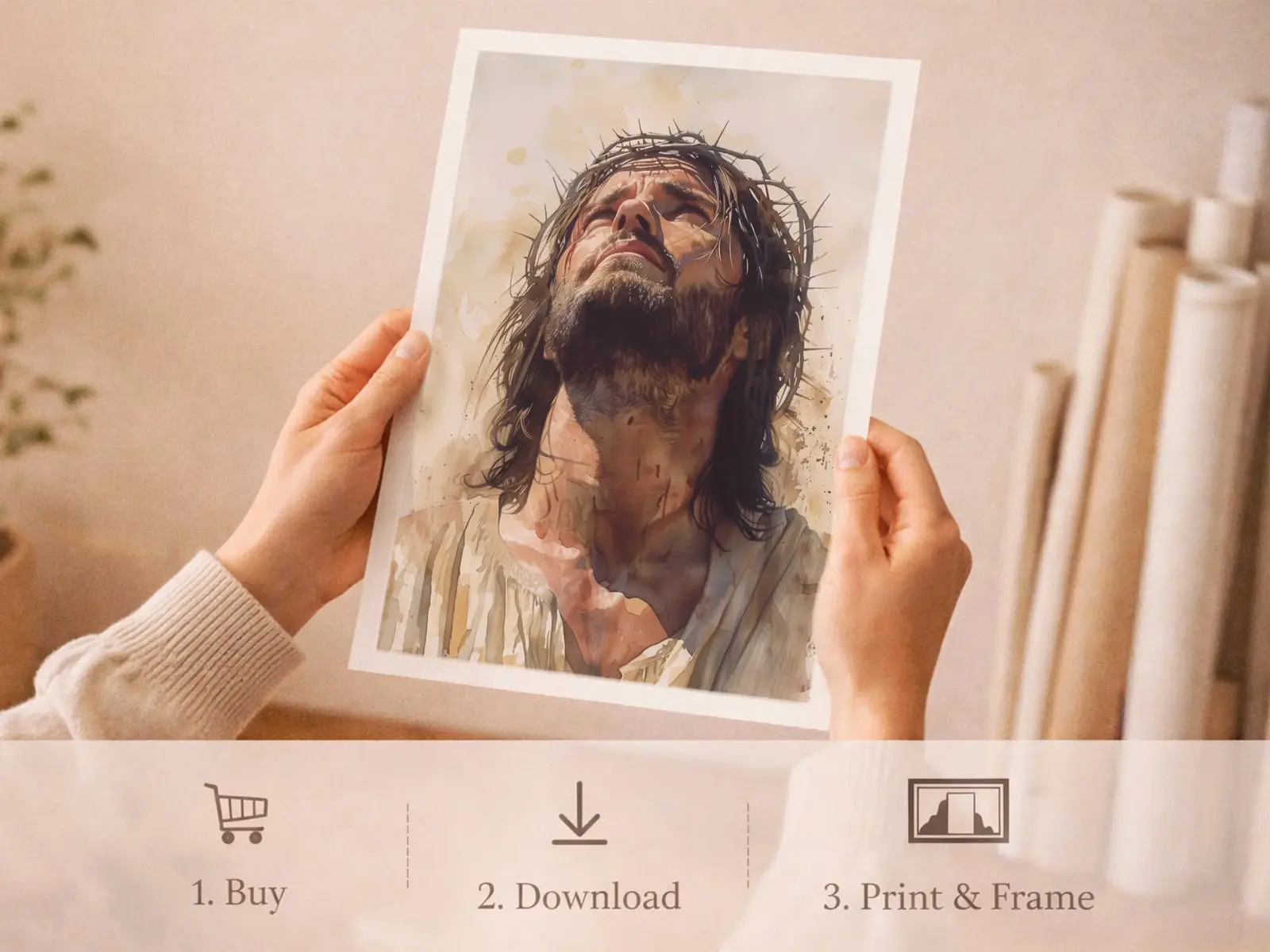 Sacred Heart of Jesus framed above sofa, living room display blending peace and devotion, bible wall art catholic wall art