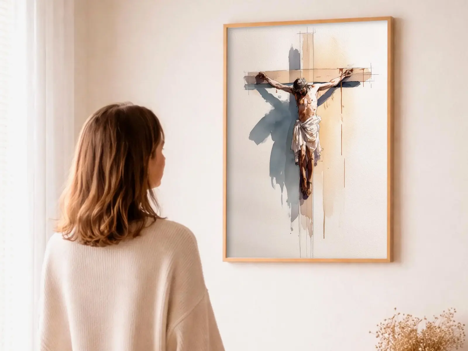 Close-up detail of the flaming Sacred Heart, thorn crown and cross, jesus sacred heart biblical wall art