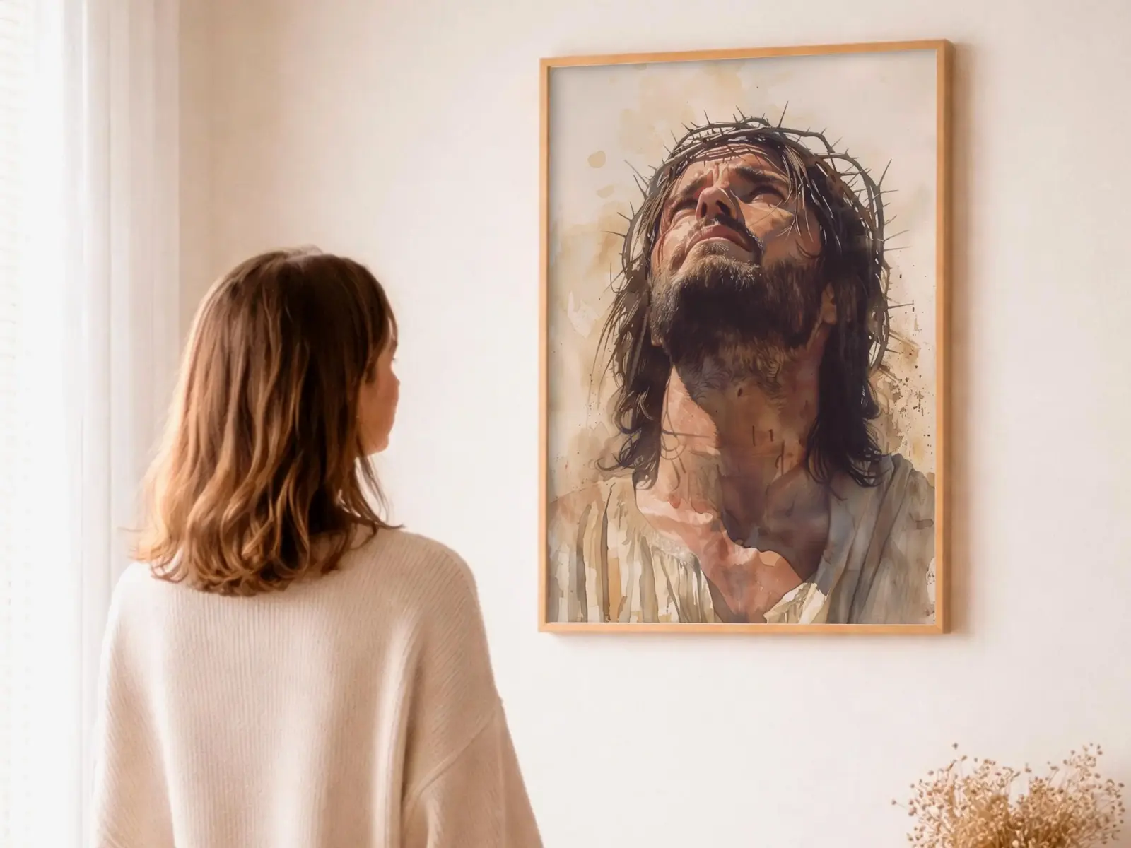 Close-up detail of the flaming Sacred Heart, thorn crown and cross, jesus sacred heart biblical wall art