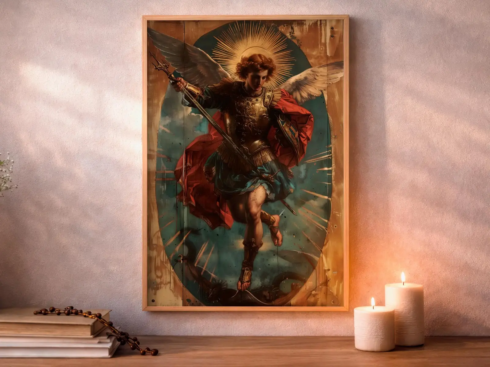 Framed Sacred Heart of Jesus above bed, bedroom sanctuary offering mercy and trust, jesus wall art artwork of jesus