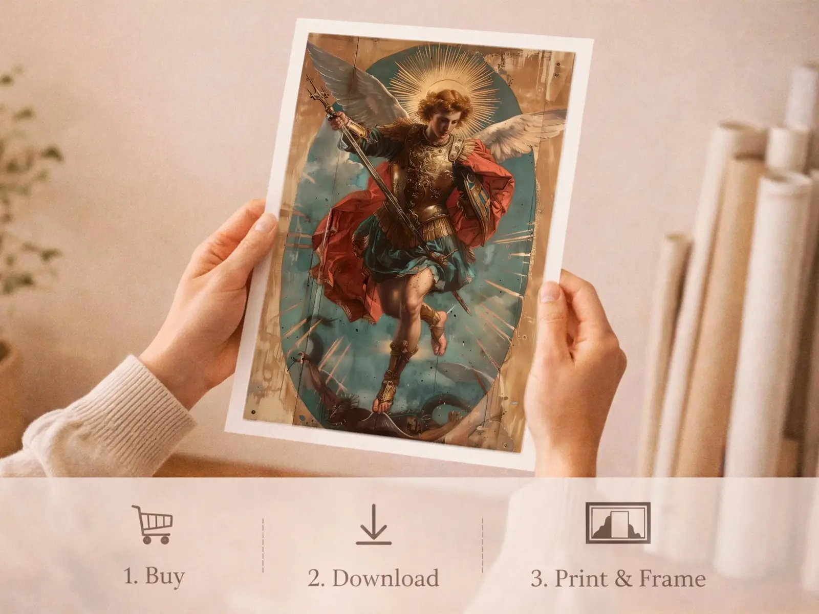 Sacred Heart of Jesus framed above sofa, living room display blending peace and devotion, bible wall art catholic wall art