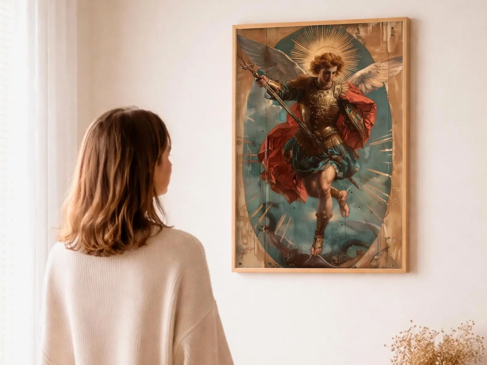 Close-up detail of the flaming Sacred Heart, thorn crown and cross, jesus sacred heart biblical wall art