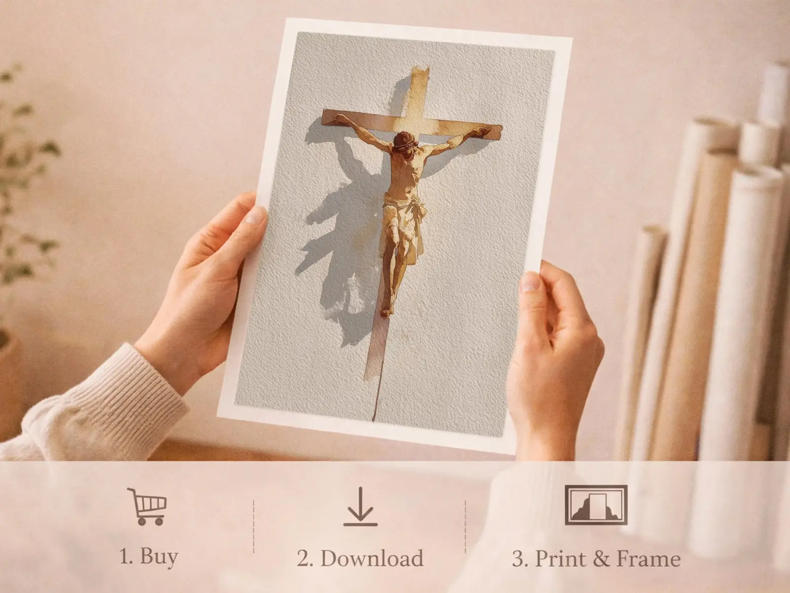 Sacred Heart of Jesus framed above sofa, living room display blending peace and devotion, bible wall art catholic wall art