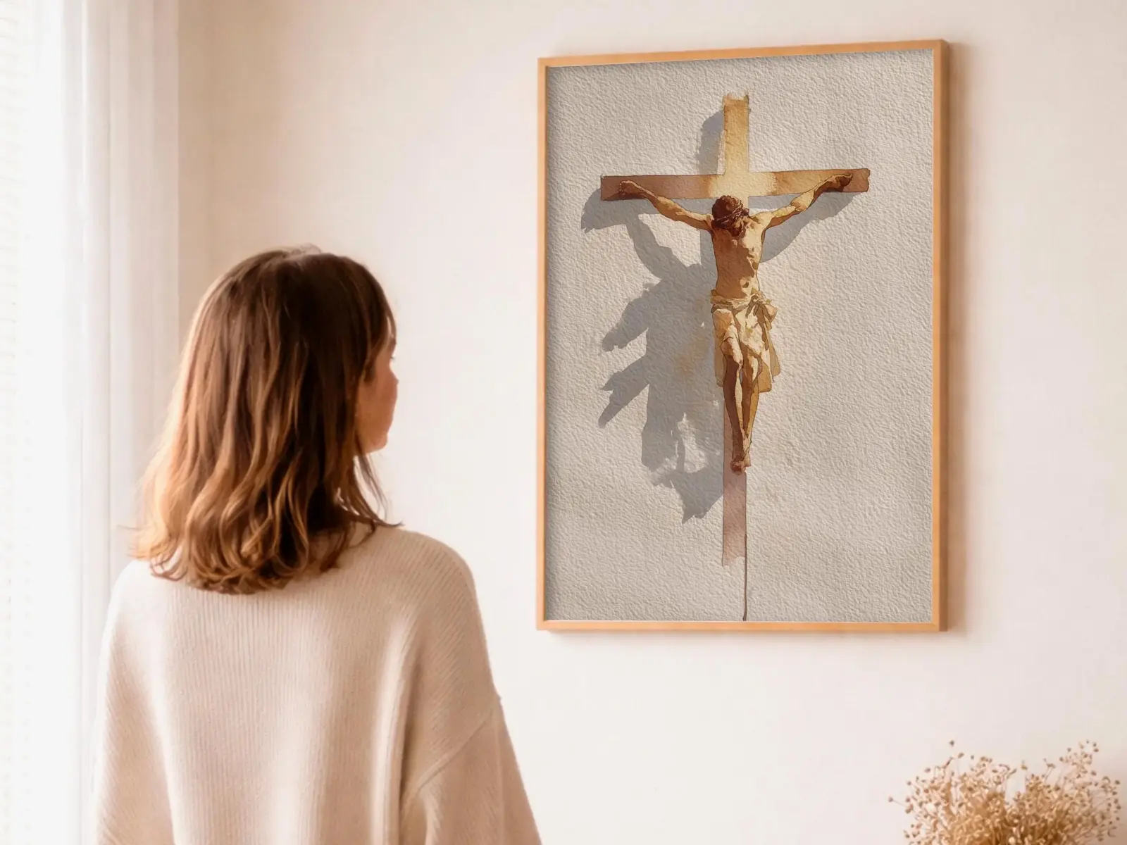 Close-up detail of the flaming Sacred Heart, thorn crown and cross, jesus sacred heart biblical wall art
