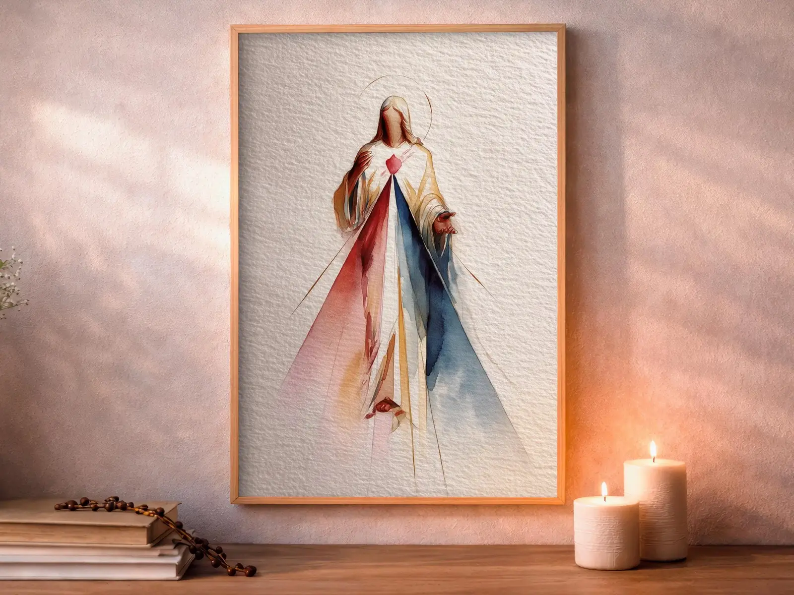 Framed Sacred Heart of Jesus above bed, bedroom sanctuary offering mercy and trust, jesus wall art artwork of jesus