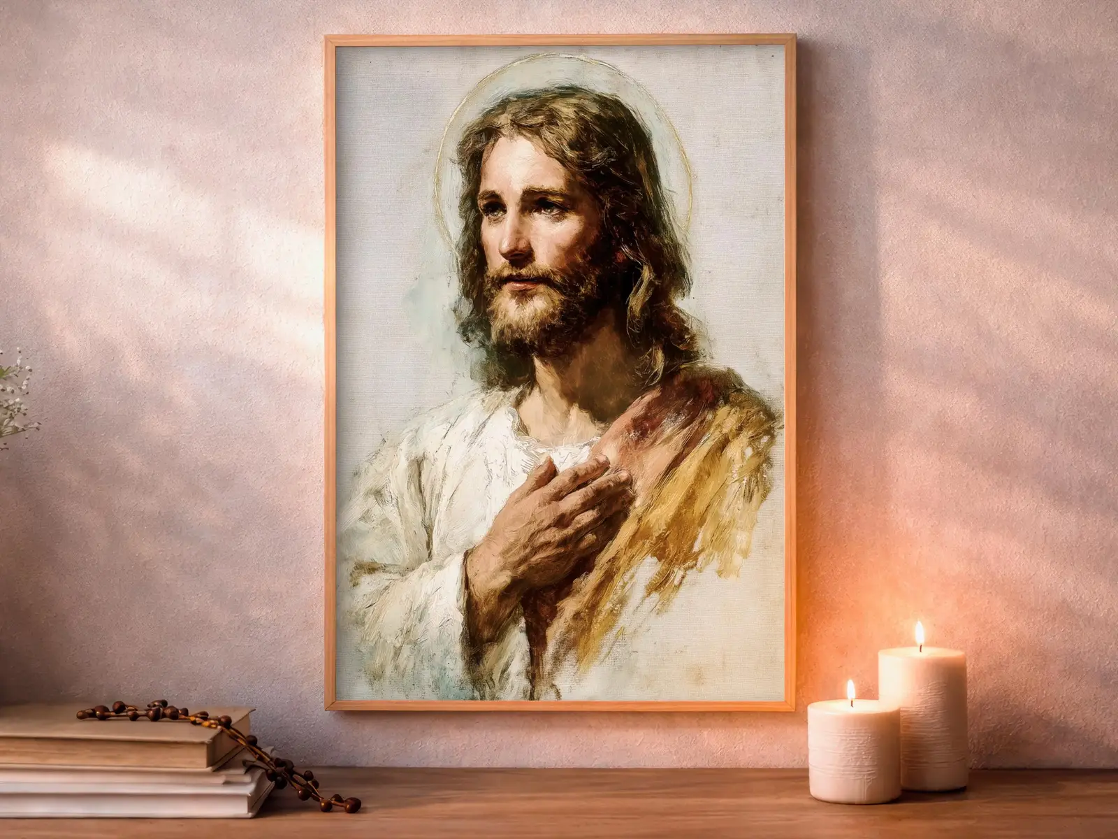 Framed Sacred Heart of Jesus above bed, bedroom sanctuary offering mercy and trust, jesus wall art artwork of jesus