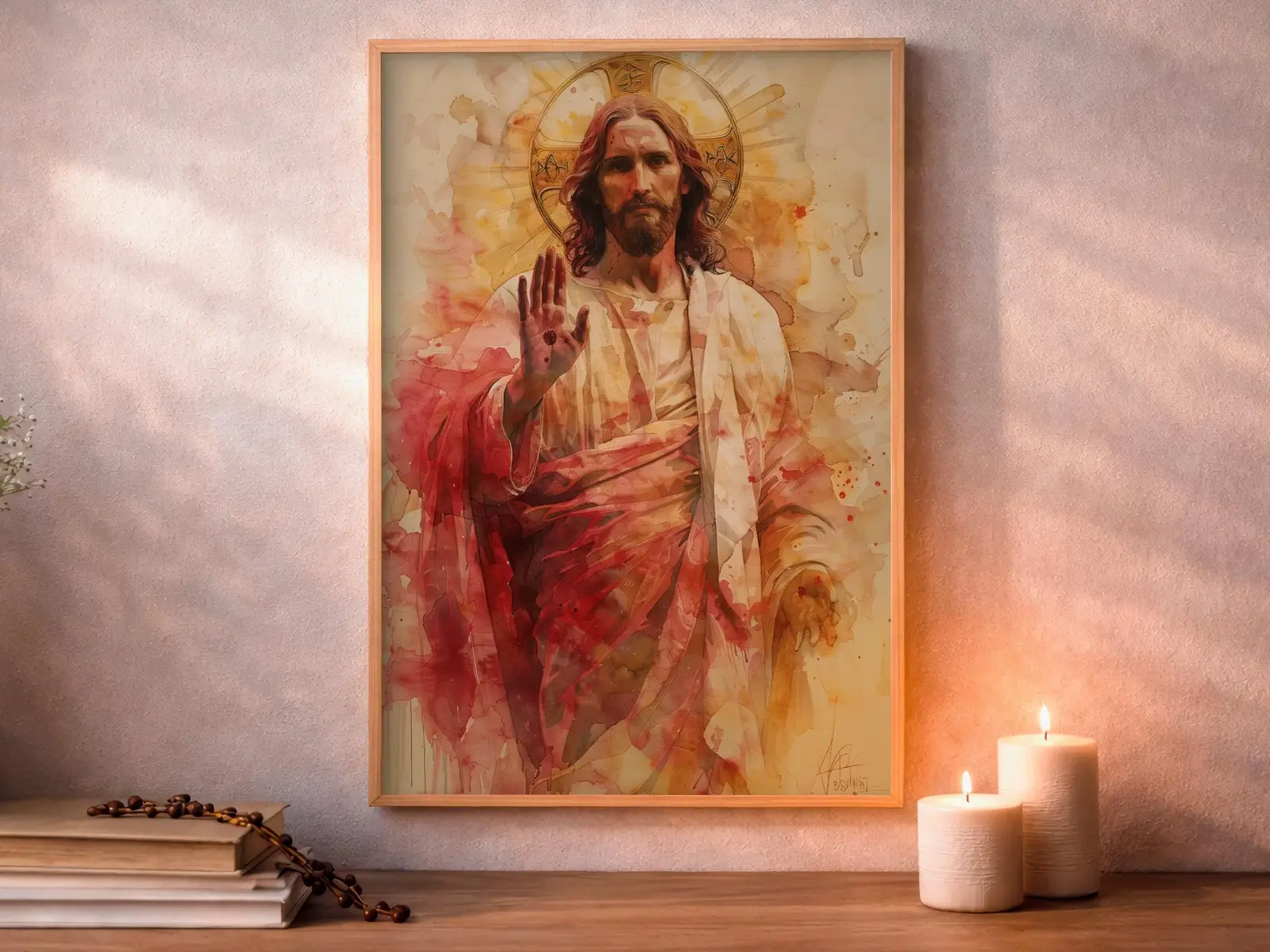Framed Sacred Heart of Jesus above bed, bedroom sanctuary offering mercy and trust, jesus wall art artwork of jesus