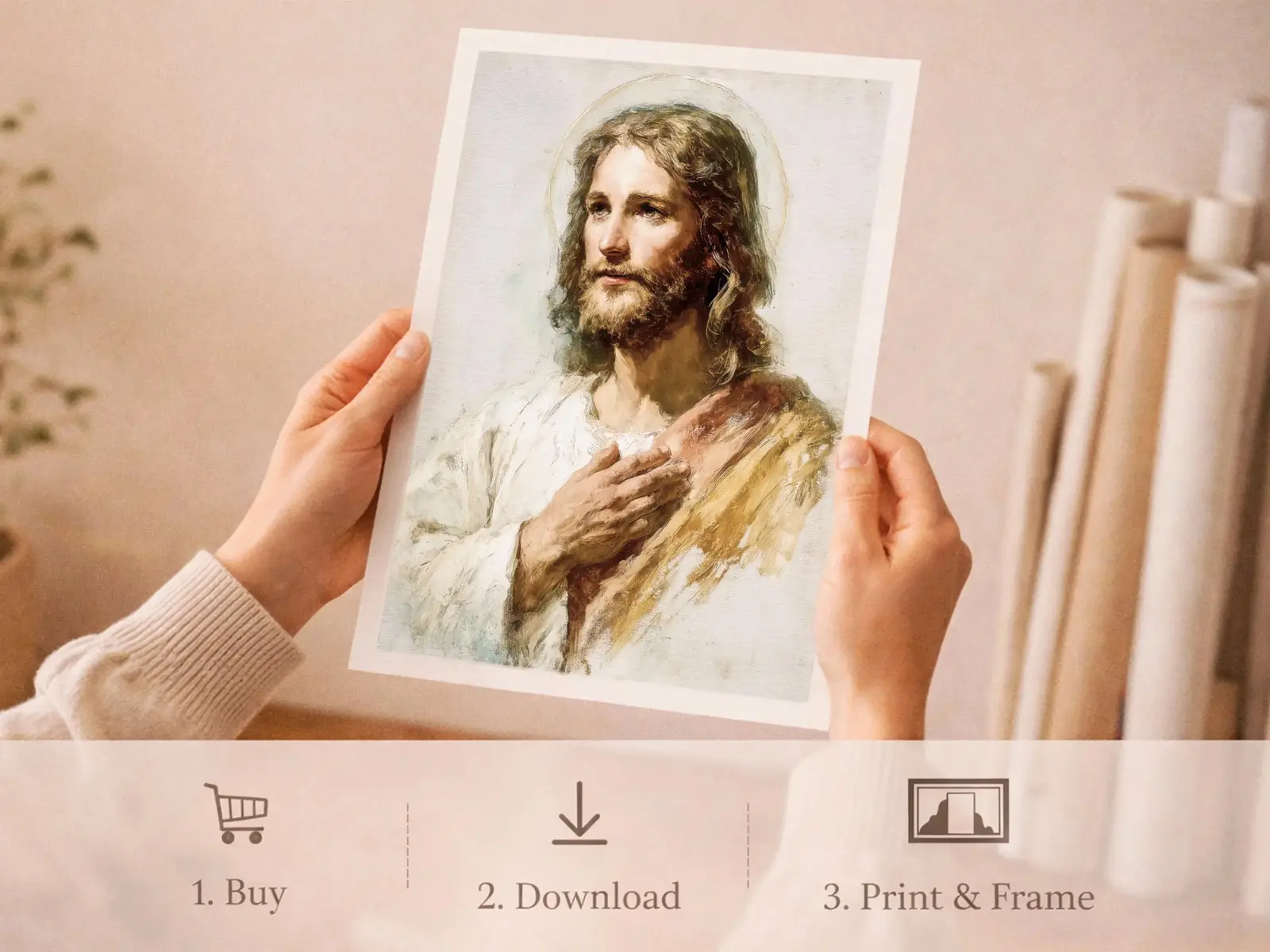 Sacred Heart of Jesus framed above sofa, living room display blending peace and devotion, bible wall art catholic wall art