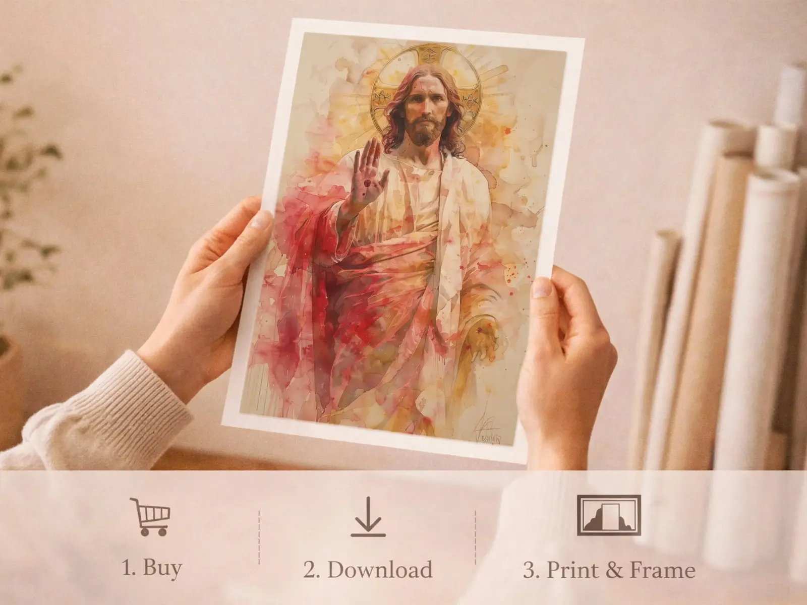Sacred Heart of Jesus framed above sofa, living room display blending peace and devotion, bible wall art catholic wall art