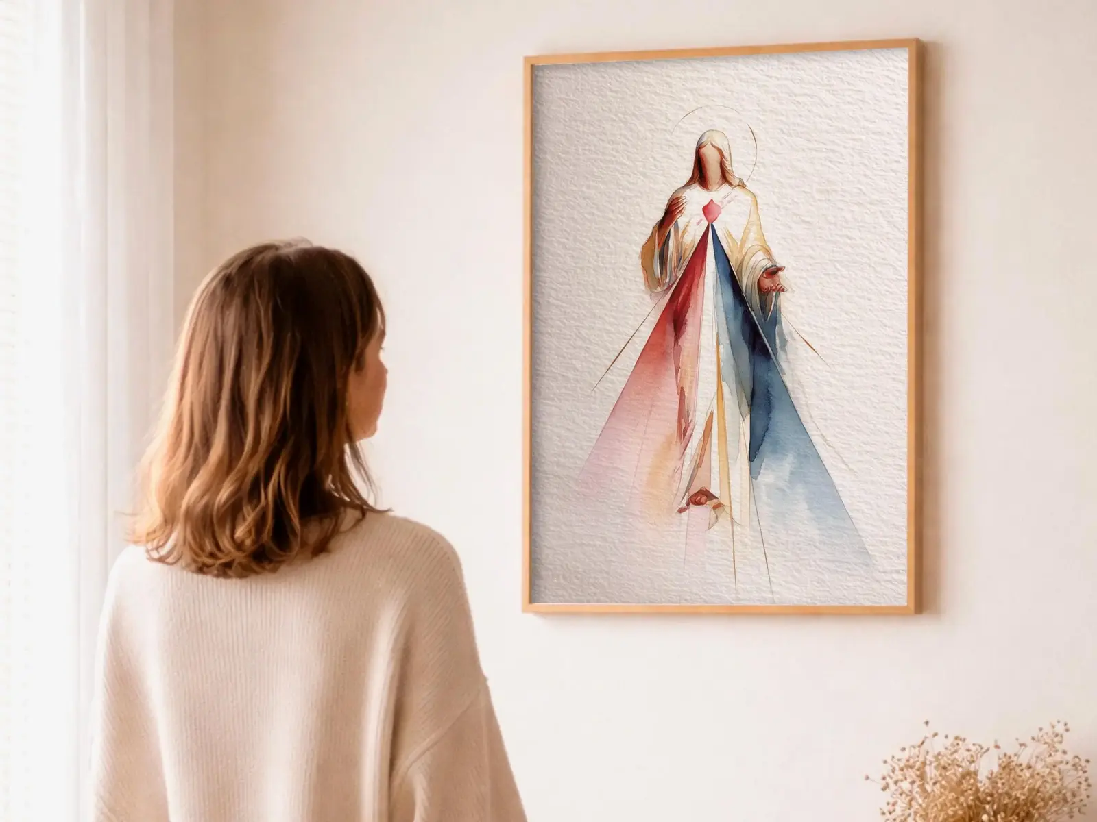 Close-up detail of the flaming Sacred Heart, thorn crown and cross, jesus sacred heart biblical wall art