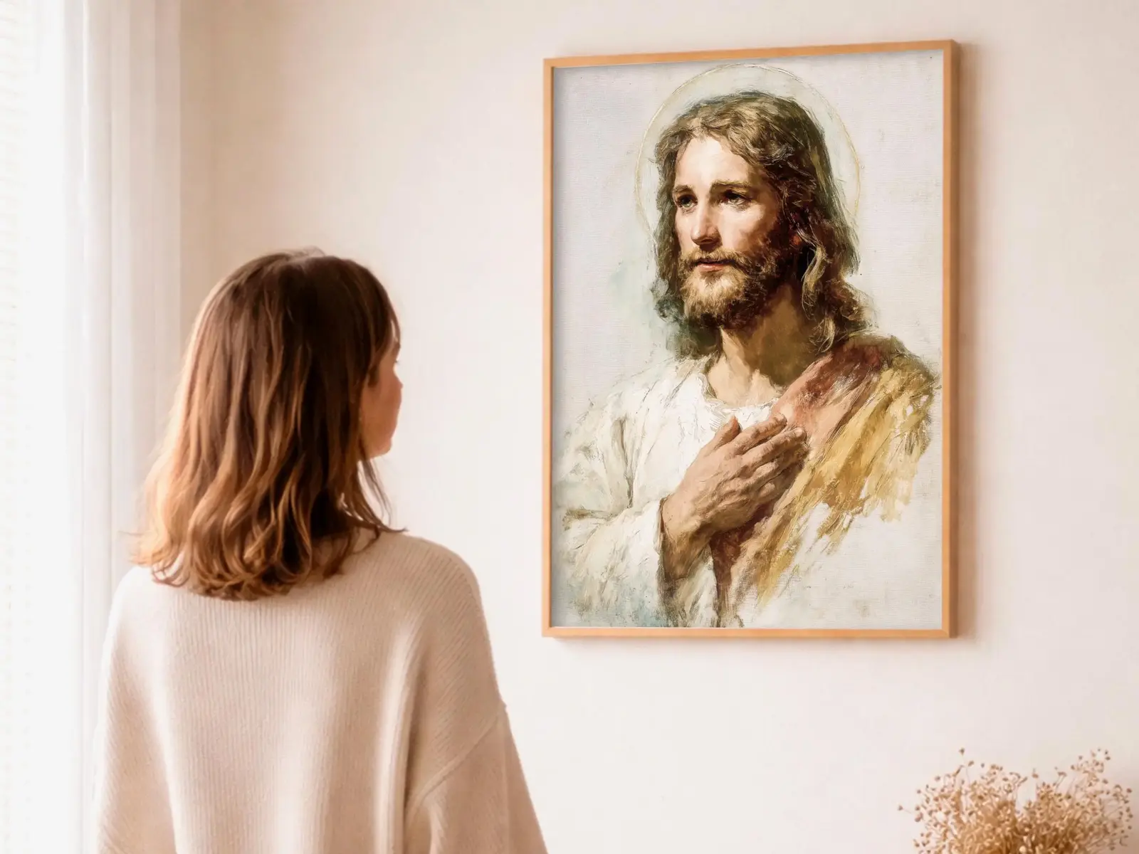 Close-up detail of the flaming Sacred Heart, thorn crown and cross, jesus sacred heart biblical wall art
