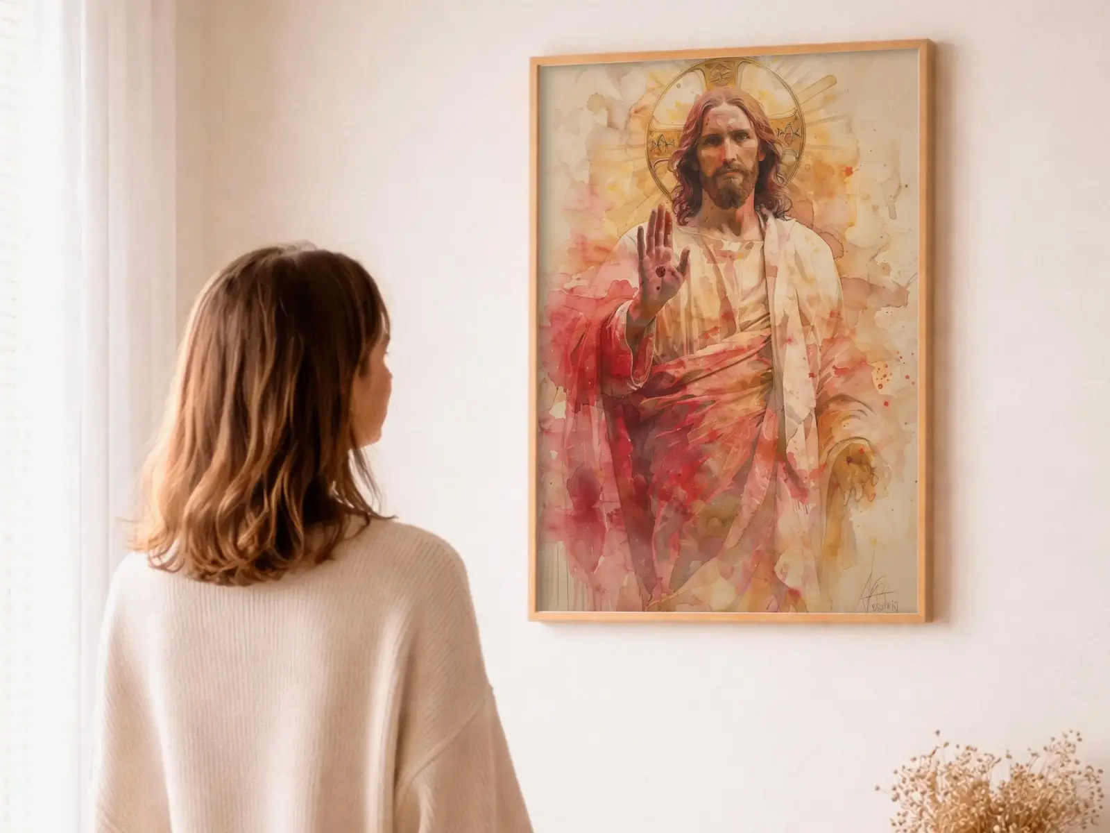 Close-up detail of the flaming Sacred Heart, thorn crown and cross, jesus sacred heart biblical wall art